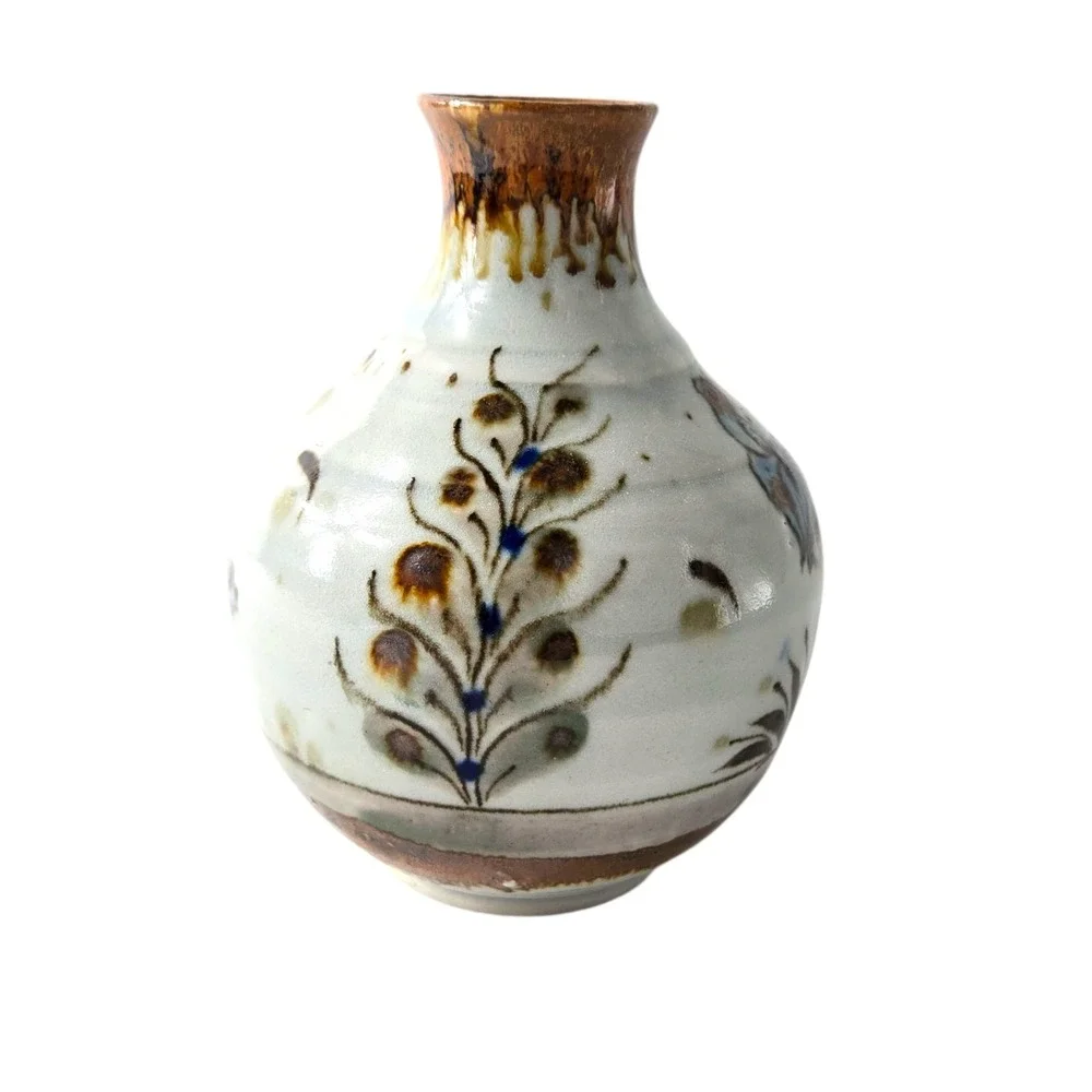 Vintage Ken Edwards Pottery Vase Tonala Butterfly Flowers Bunny Rabbit Sign 5.5